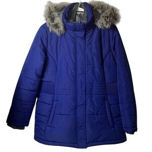 FREE TECH hooded (removable) double zip puffer coat Sz XL Grape Blue